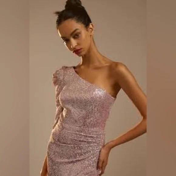 NEW Ienna for Macduggal SEQUINED ONE SHOULDER FAUX WRAP DRESS mauve multicolor